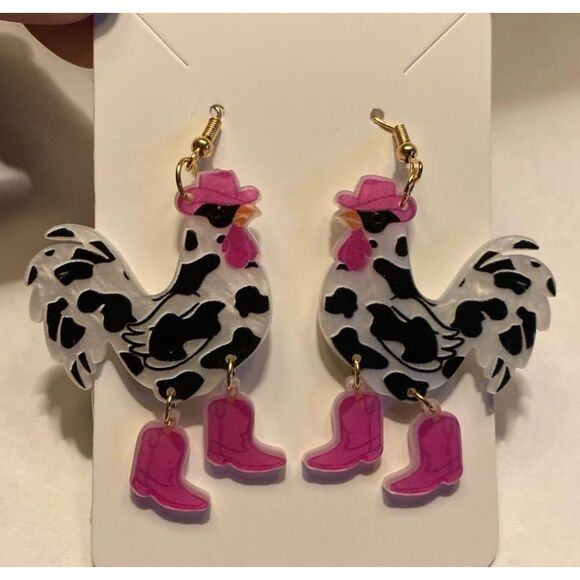 Jewelry - Rooster Earrings Spotted Chicken Dangle Hot Pink Cowboy Boots Quirky Western
